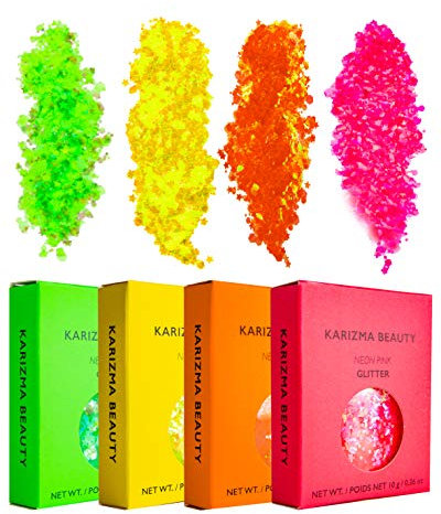 KARIZMA Neon Nights! 4X 10g Chunky Face Glitter, Hair Glitter, Eye Glitter and Body Glitter for Women and Men. Rave Glitter, Festival Accessories and Cosmetic Glitter Makeup. Loose Glitter Pots