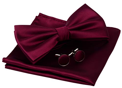 Gusleson Mens Maroon Wedding Bow tie Double Fold Pre-tied Bowtie and Pocket Square Cufflink Set (UK0570-01)