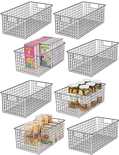 mDesign 8er-Set Allzweckkorb – tiefer Aufbewahrungskorb aus Metalldraht – kompakter Drahtkorb mit Griffen – universelle Gitterbox für Küche, Bad und andere Räume – graphitfarben