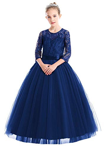 Flower Girl Lace Tulle Lace Embroidered Princess Wedding Party Dress Kids 3/4 Sleeve Floor Length Junior Bridesmaid Formal Pageant Prom Gown Christmas Birthday Gifts Navy Blue 13-14 Years