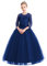 Flower Girl Lace Tulle Lace Embroidered Princess Wedding Party Dress Kids 3/4 Sleeve Floor Length Junior Bridesmaid Formal Pageant Prom Gown Christmas Birthday Gifts Navy Blue 13-14 Years