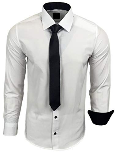 Baxboy 444-BK Herren Kontrast Hemd Business Hemden mit Krawatte Hochzeit Freizeit Fit, Farbe:Weiss/Schwarz, Größe:M