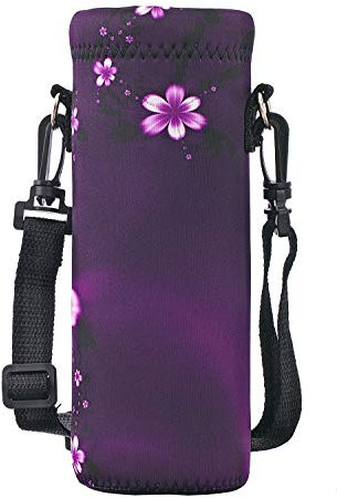 RICHEN Neoprene Water Bottle Carrier Bag with Adjustable Shoulder Strap,Insulated Water Bottle Cover for 1000ml/32oz Stainless Steel/Glass/Plastic Bottles (Purple Flowers,1000ml)