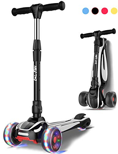 LOL-FUN Kinder Roller Scooter mit 3 LED Rädern, Kinderscooter mit Faltbarer Tretroller, Kinderroller Höhenverstellbar Lenker für 3 4 5 Jahre Jungen Mädchen, Schwarz