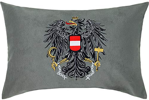 EXPRESS-STICKEREI Adler Wappen Österreich Kissen Austria Kissenbezug gefüllt | Adler Dekokissen mit Füllung Wohnzimmer Sofakissen groß Polsterüberzug Couchkissen | Biker Geschenk | 40x60cm | Grau