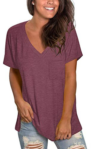 MOLERANI Loose Fitting Tops for Women Short Sleeve V Neck T Shirts Summer Tees Wine Red L