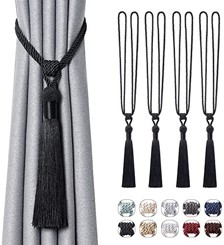 Pretty Jolly Langen Quasten Vorhang-Raffhalter Handmade geflochtene Seil Knoten drapierte Raffhalter Elegante dekorative Vorhanghalter für Zuhause und Büro, Schwarz, 4 Stück