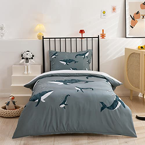 Mateju Kinder Bettwäsche Set 2 Teilige, Mode Haifisch Bedruckter Bettbezug - 1 Bettbezug 135x200 cm + 1 Kissenbezug 80x80 - Sanft Microfaser Individuell Bettwäsche Set (Wal,135x200cm)