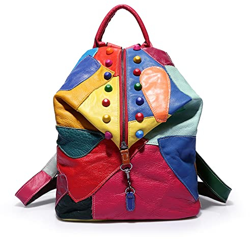 Vintage Leder Rucksack Rindsleder Damen Rucksack Reisen bunte Patchwork Einkaufstasche,Farblich passend