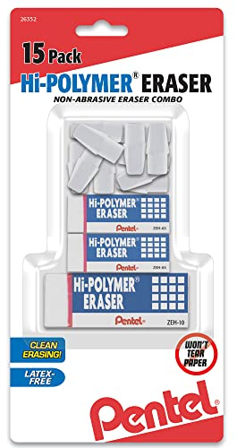 Pentel Hi-Polymer Eraser White Assorted Pack, 15 Pack
