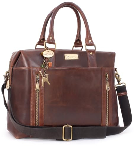 Catwalk Collection Handbags Genuine Leather Holdall Bag Vienna Brown | Women's Medium Overnight Bag, Weekend Travel Duffel, Adjustable Detachable Crossbody Strap, Multiple Pockets, Secure Zipper