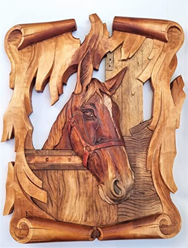 Generisch Holzbild PFERDEKOPF Wandrelief Schnitzerei Handarbeit Massivholz 33x 42cm