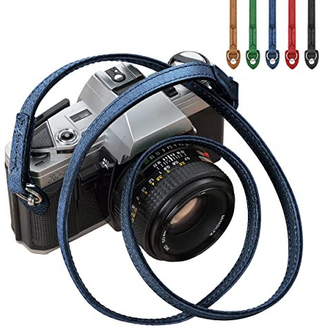 Padwa Lifestyle Blue Genuine Leather Minimalist Camera Strap - 0.43 Double Layer Soft Cowhide Stitching,Minimalist Camera Straps for Mirrorless Digital Camera,Great Gift for Men & Women Photographers
