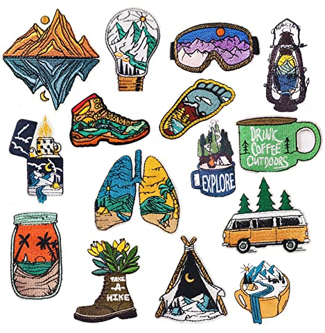 Ulricar 15PCS DIY Wilderness Trekking Landscape Patches - Iron On Embroidery for Jacket Clothing Stickers Badge, Blue