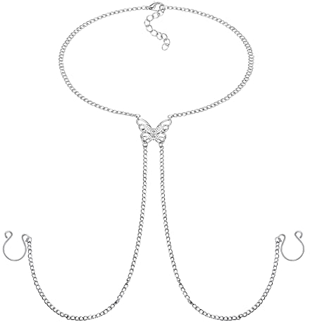 LAURITAMI Fake Brustwarzenpiercing Nippelpiercing mit Halsketten Schmetterling Non-Pierced Nippelschmuck für Frauen Edelstahl