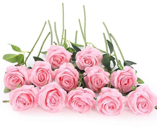 Laelfe 12 Pcs Pink Roses Artificial Flowers, Long Stem Faux Silk Pink Flowers Fake Roses for Wedding Bridal Bouquet Home Party Arrangment Hotel Garden Decoration