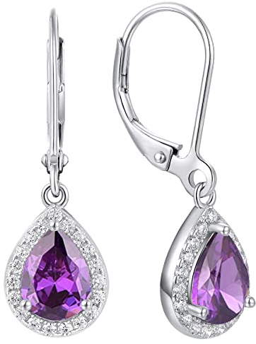 YL Damen Ohrhänger 925 Sterling Silber Februar Geburtsstein Amethyst Oval Tropfen Ohrringe