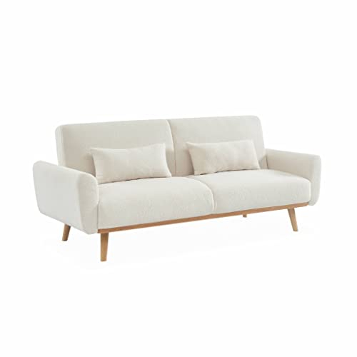 Sofa mit Bouclé Teddystoff mit Schlaffunktion - Bjorn - 2 - 3-sitziges fixes Sofa mit Holzbeinen, skandinavischer Stil