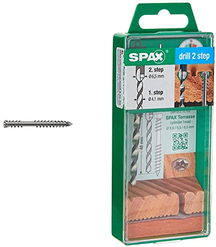 SPAX Terrassenschraube aus Edelstahl rostfrei A2, 5,0 x 50 mm, 200 Stück, 0537000500503 & Stufenbohrer mit 2 Bohrstufen von 4,1 und 6,5 mm, drill 2 step, Terrassenbau, 5009409873005