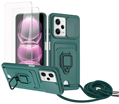 Zallagre Funda con Cuerda Compatible con Redmi Note 12 Pro/Xiaomi Poco X5 Pro,[2 Packs Cristal Templado],Ranura para Tarjetas,Cubierta de Cámara Deslizante Proteger,360 Anillo Soporte-Verde Oscuro