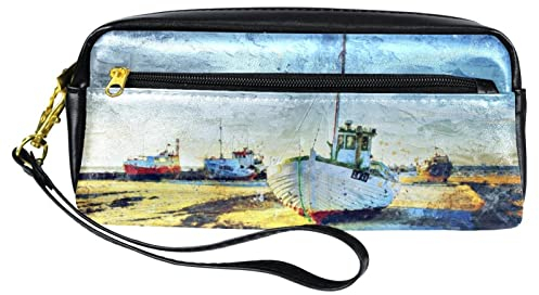 PU Federmäppchen Stifttasche Student Schreibwaren Tasche mit Reißverschluss für Jungen Mädchen, Schul- & Bürobedarf - Blau Nordsee Fischerboot, multi, 20.5x5x8.5cm/8.1x2x3.3in, Taschen-Organizer