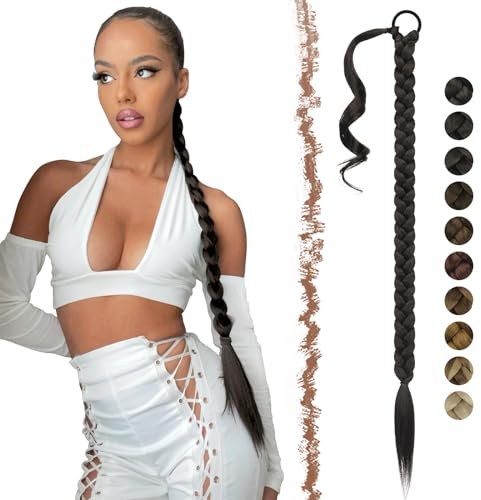 FESHFEN Braid Extensions Pferdeschwanz Verlängerung mit Haargummi, 75 cm Lang Ponytail Geflochten Kunsthaar Haarverlängerung Pferdeschwanz zum Einflechten Zopf Haarteil für Damen, Schwarz Braun