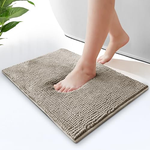 Hafaa Bath Mat Non Slip Anti Mould – Khaki Chenille Bathroom Mat 40 x 60 cm Machine Washable Bath mats Super Absorbent Extra Soft Fluffy Shower mat