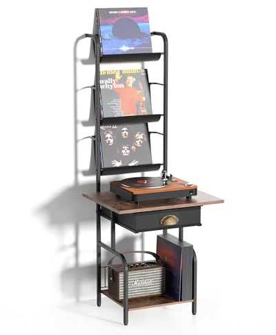 Record Player Stand with Vinyl Storage, Turntable Stand with Vinyl Record up to 200 Albums, Record Player Cabinet Organizer Rack, Record Player Table with Vinyl Display Shelf for Living Room