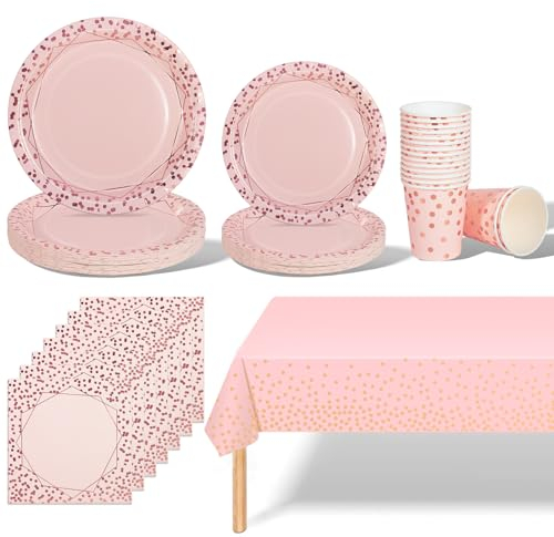 141PCS Pink Rosegold Party Tableware Decorations for Kids Birthday,Disposable Party Tableware Set Tablecloth Table Covers,Paper Plates,Paper Napkins,Cups for Birthday Wedding Party