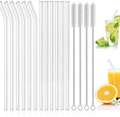 Paille en Verre 16 Pcs (6 Droites + 6 Courbées + 4 Brosses de Nettoyage),Cadeau de Noël, Grosse Pailles en Verre de 21.5cm pour Bubble Tea, Paille pour Cocktails,Lait Glacé, Thé,Milkshakes, Café Glacé