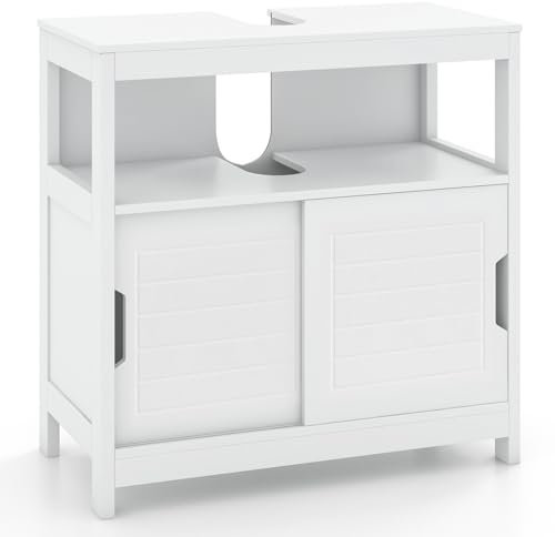 COSTWAY Meuble sous Lavabo, Meuble de Salle de Bain avec 2 Portes Coulissantes, Meuble sous Évier sur Pied, Meuble pour Lavabo Vasque, 30 x 60 x 60 cm, Blanc