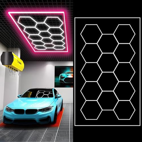 Sedtonmu LED Hexagon Beleuchtung fuir Garage 14 pcs 6500K Sechseckige Garagenleuchten RGB Ideal für Garage Werkstatt Gaming Fitnessstudio Friseur Bürobeleuchtung,4