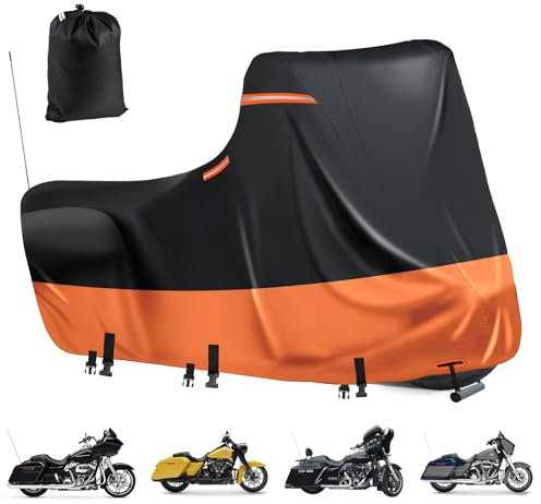 Lona Impermeable para Motocicleta, 600D, 5 Bandas Reflectantes, 2 Orificios para ventilación, para Modelos Harley Davidson Touring, protección UV (Caja Lateral 300 x 110 x 142 cm, Negro y Naranja)
