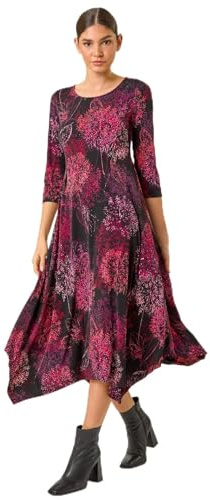 Roman Originals Hanky Hem Swing Dress with Pockets for Women UK Ladies Asymmetric Hemline Stretch Jersey 3/4 Sleeve Winter Smart Casual Work Office Knee Length Tunics - Wine - Size 12
