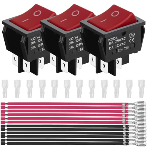 MKBKLLJY 3 STK Wippschalter KCD4 DPST 35A 12V 24V DC/30A 250V AC/35A 125V AC 4 Pins 2 Positionen EIN/AUS Rot Unbeleuchtet Snap-In-Hochstromschalter für Boote 12 PCS Anschlusskabelummantelung