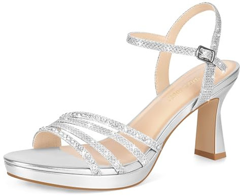 PIZZ ANNU Womens Sandals Glitter Sparkly Rhinestones High Heels for Women Platform Ankle Strap Ladies Summer Shoes Wedding Evening Party Silver Size 6