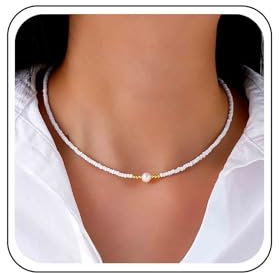 Xmsrn Vintage Saatgut Perle Choker Halskette Perle Anhänger Halskette Weiß Reis Perle Halskette Kurze Saatgut Perle Kette Halskette Boho Perle Halskette Für Frauen