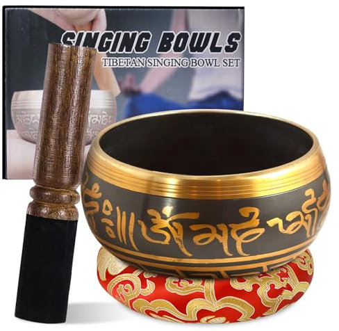 Tibetan Singing Bowls Meditation Set: Large Singing Bowls With Singing Bowl And Silk Cushion Red And Mallet, Sound Healing Bowl Meditation Set For Meditation Chakra Yoga Meditation 8.5 Cm