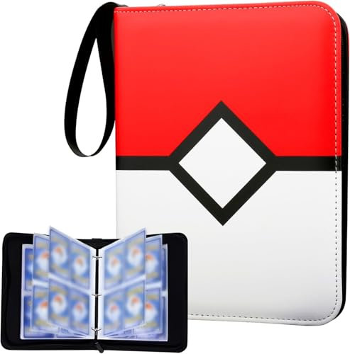 Kartenbinder 4-Taschen, 400 Taschen Kartenhalter mit 50 herausnehmbaren Hüllen, Trading Card Collector Zipper Album Holder (Rot & Weiß #2)