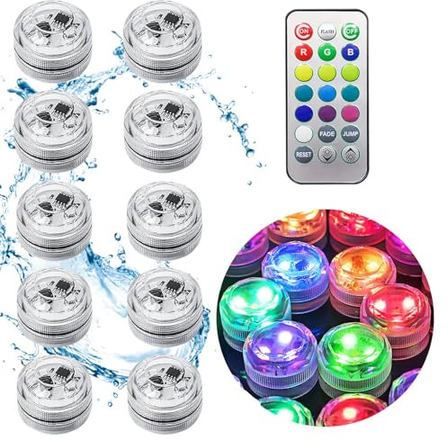 Calenxy Mini Unterwasser Licht mit Fernbedienung,10 Stück LED Teelichter RGB-Multi-Farbwechsel, Poolbeleuchtung Unterwasser, Mini LED Lichter Wasserdicht für Vase Base Party Pool,Spa,Aquarium
