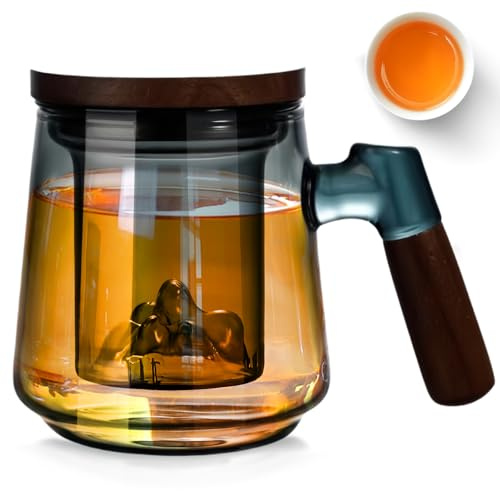 GOMETY Teetasse mit Deckel und Sieb, 500ml Teeglas aus Borosilikat Glas mit Holzgriff, 13x8cm Groß Teetassen Hitzebeständiges, Holzgriff Teebecher für Losen Tee Geschenk für Tee-Liebhaber(Rauchgrau)