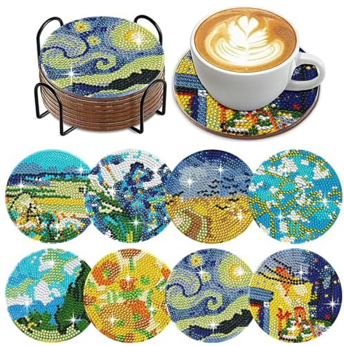 HTTDSLF 8PCS Posavasos de Pintura de Diamantes con Soporte, Posavasos de Diamantes DIY, Kit de Arte, para Principiantes y Adultos, para Bebidas, Café y Té de Bar, Oficina y Cocina, Adultos y Niños