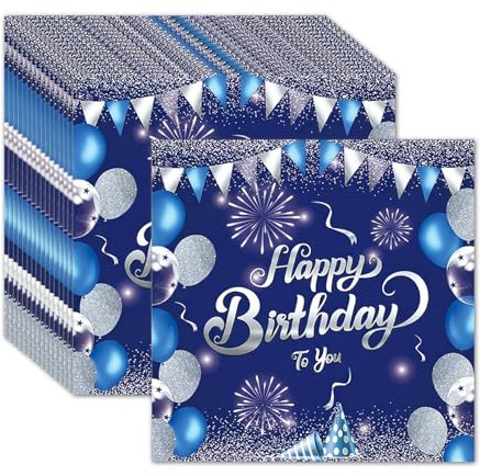 20 Stück Happy Birthday Servietten,Blau und Silber,Servietten Geburtstag,Quadrat Servietten,Party Deko,für Dinner Picknick Cocktail Geburtstags Party Bedarf Dekorationen für Männer Frauen