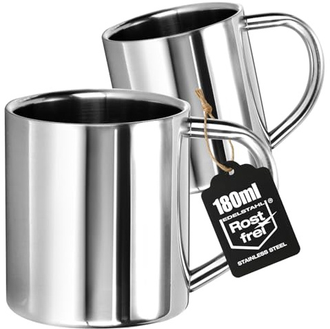 Wilhelm Sell® 2x Edelstahl Thermobecher 180 ml - doppelwandige Isolierbecher mit Henkel - bruchsichere Kaffee- und Trinkbecher - rostfrei, BPA-frei und spülmaschinengeeignet (180ml - 2 Stück)