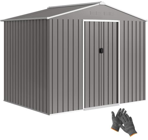 Outsunny Caseta de jardín de 3,6 m² en acero galvanizado con tomas de aire, caseta de jardín con doble puerta corredera con cerradura, techo inclinado, caseta para herramientas con guantes, gris claro