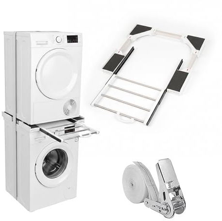 Relaxdays Zwischenbaurahmen, Trockner auf Waschmaschine, mit Ablage, verstellbar, 54-71 cm, Stapelkit universal, weiß