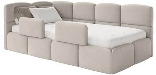Selsey Jugendbett 120x200cm Hellbeige mit Matratze und Lattenrost, gepolstertes Polsterbett mit Stauraum und Bettkasten, Kinderbett mit 2 Schutzbarrieren, Jugendbett linksseitig mit Eckkopfteil
