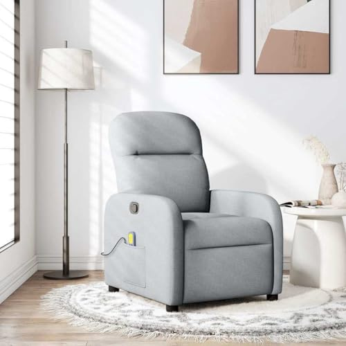mzdioop Massagesessel Hellgrau Stoff mit 6-Punkt-Vibrationsmassage, manuelle Liegefunktion, ergonomischer Sitzkomfort, stabilem Holz-Metall-Rahmen, Seitentasche für Fernbedienung