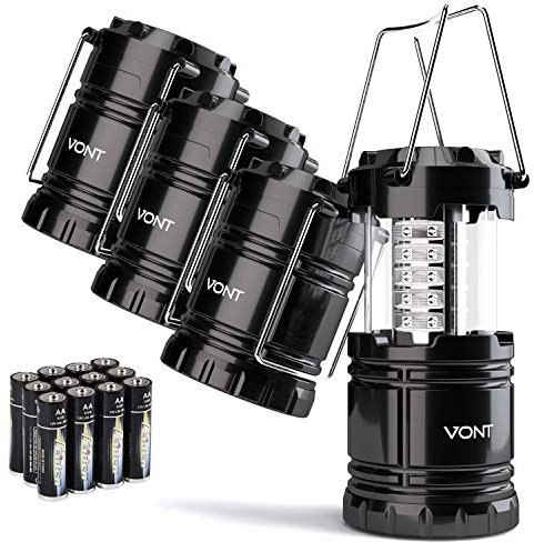 Vont Paquete de 4 faroles LED para camping, kit de supervivencia para huracán, emergencia, tormenta, apagones, linterna portátil para exteriores, color negro, plegable (pilas incluidas)