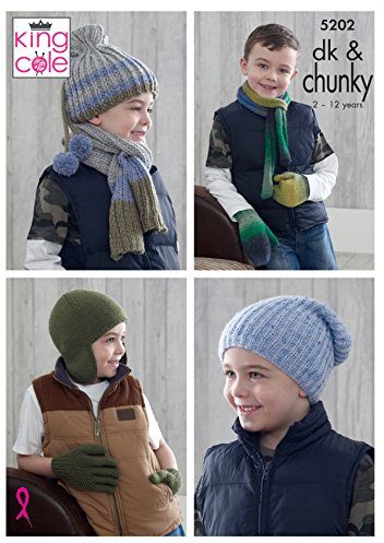 King Cole Chunky & DK Knitting Pattern 5202 - Headwear, Gloves, Scarves Pattern - 2-12 Years